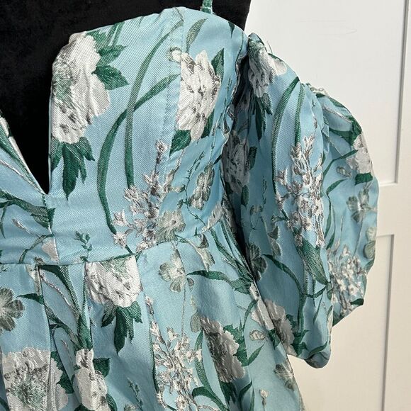 Ina - Aqua Blue Elegant Floral Puff Sleeve Dress - M - NWT - Picture 8 of 10